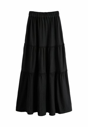 Schwarzer mehrlagiger Maxi-Rock mit elastischem Bund, leichtem Stoff und gerafften Nahtdetails, die eine fließende Silhouette erzeugen.