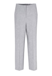 Grå, skräddarsydda byxor gjorda av ett lätt, strukturerat tyg. Har en slät front, rak benform och midjehögt midjeband.
