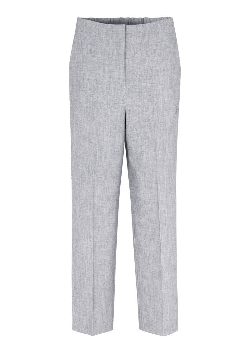 Grå, skräddarsydda byxor gjorda av ett lätt, strukturerat tyg. Har en slät front, rak benform och midjehögt midjeband.