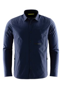 Navyblaues Langarmhemd mit Button-Down-Kragen, Brusttasche und schwarzen Akzenten. Hergestellt aus strukturiertem Stoff.