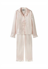 Ensemble de pyjama en satin à rayures roses et blanches, avec des manches longues, un devant à boutons et des poignets froncés sur le haut et le bas. Texture lisse et léger.