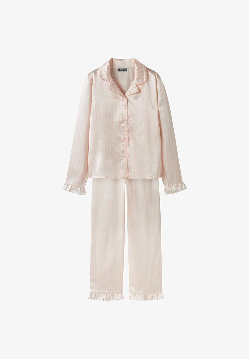 Ensemble de pyjama en satin à rayures roses et blanches, avec des manches longues, un devant à boutons et des poignets froncés sur le haut et le bas. Texture lisse et léger.