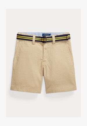 Pantaloni corti beige realizzati in tessuto misto cotone, con una cintura a righe blu, gialla e blu navy. Frontale piatto con tasche laterali e orli risvoltati.