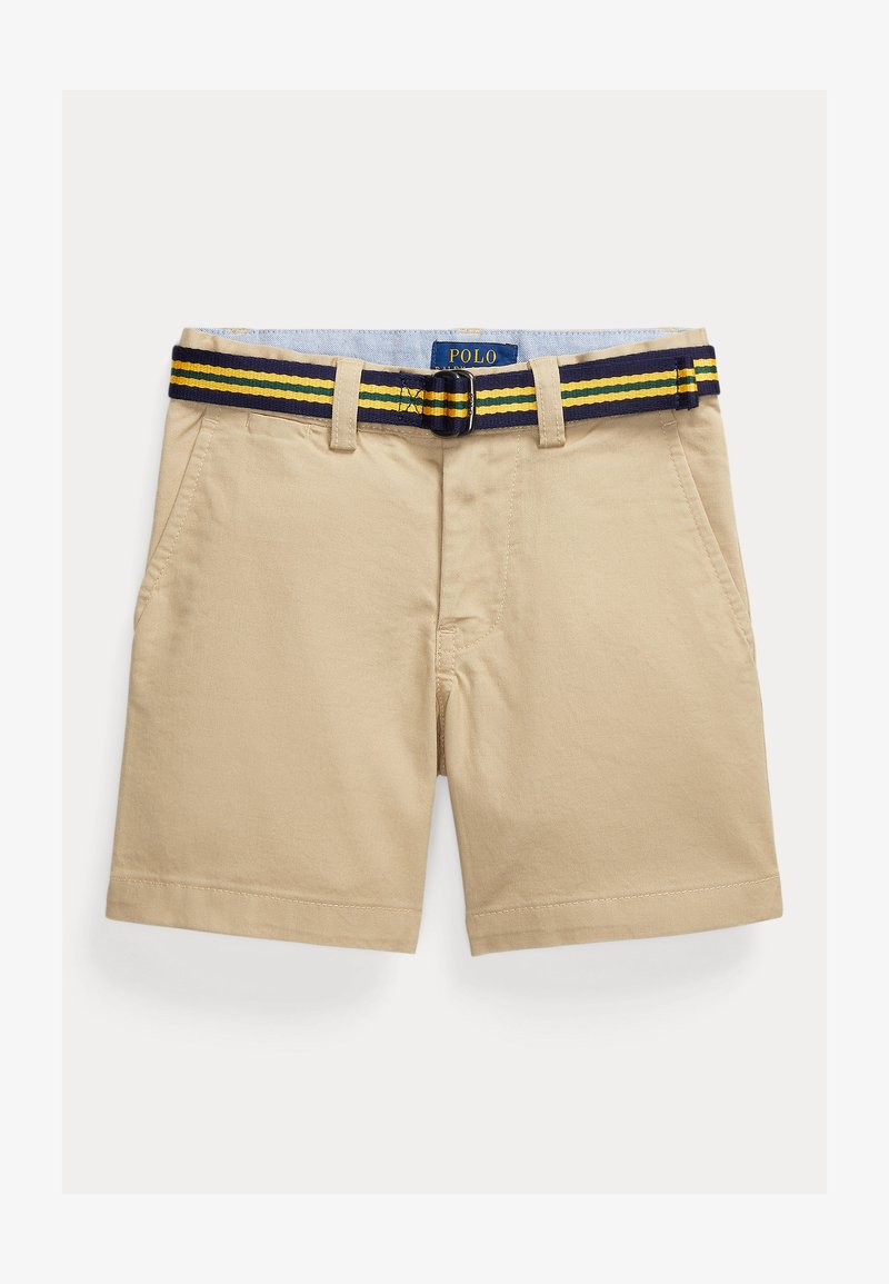 Bermudas bege feitas de tecido de mistura de algodão, com um cinto listrado em azul, amarelo e azul-marinho. Frente lisa com bolsos laterais e bainhas dobradas.