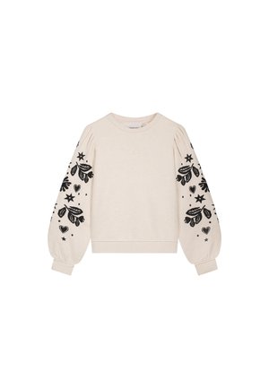 Light beige sweatshirt with puffed long sleeves, featuring black floral and star prints on the sleeves and a ribbed hem.