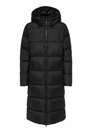Cappotto imbottito nero con cappuccio, caratterizzato da una cerniera frontale completa, cuciture zigzag e due tasche laterali. Design lungo a taglio dritto.