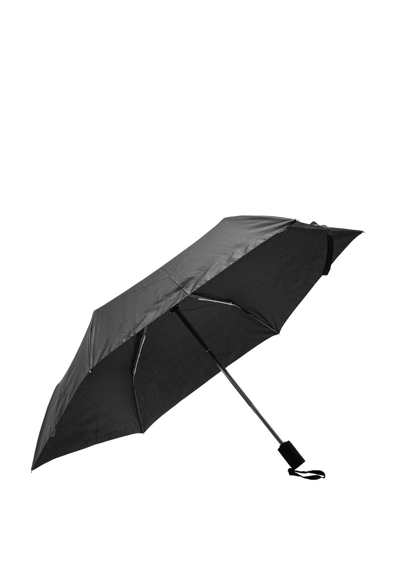 Parapluie pliant noir avec une structure métallique robuste et une toile texturée. Dispose d'un manche droit avec une sangle au poignet pour un transport facile.