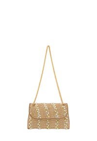 Beige clutch taske med vævet tekstur, prydet med hvide og gule dekorationer, med en kæde i guldtonet metal og en klaplukning.