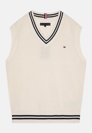 Gilet senza maniche color crema con scollo a V, texture a coste e strisce navy al collo e all'orlo. Piccolo logo sul davanti.