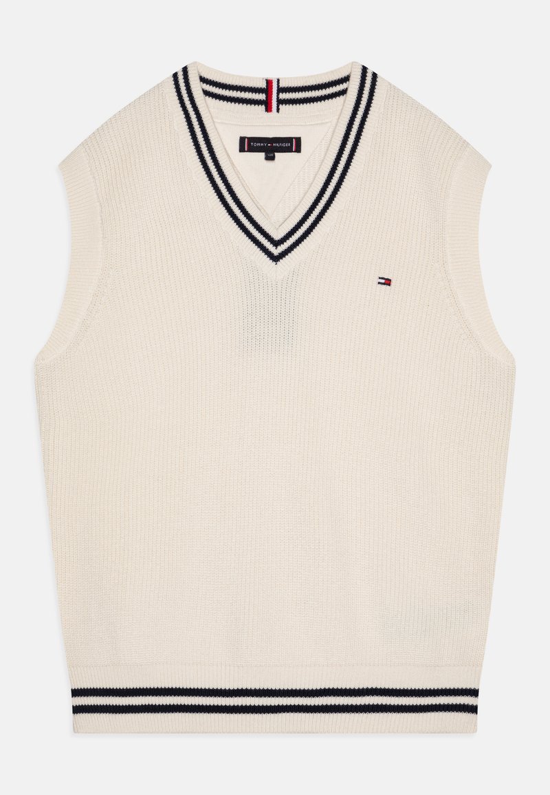 Gilet senza maniche color crema con scollo a V, texture a coste e strisce navy al collo e all'orlo. Piccolo logo sul davanti.