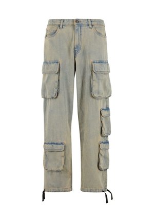 Lyseblå cargo-bukser laget av denim, med flere sidelommer, en løs passform, justerbare ankelbånd og falmet tekstur.