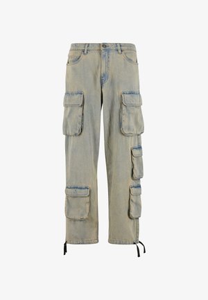 Heledad sinised cargo püksid, mis on valmistatud denimist, mitme külge pocket'iga, lõdva lõikega, reguleeritavate pahkluist sidemetega ja pleekinud tekstuuriga.