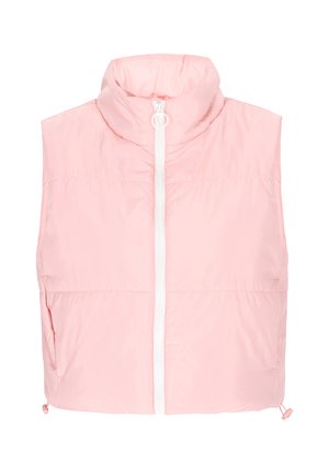 Roze mouwloze puffer vest van lichtgewicht, glanzend materiaal; uitgerust met een hoge kraag, rits aan de voorkant en zijzakken.
