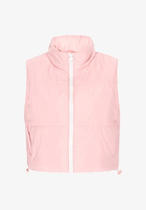 Roze mouwloze puffer vest van lichtgewicht, glanzend materiaal; uitgerust met een hoge kraag, rits aan de voorkant en zijzakken.