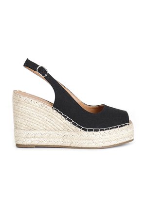 Scarpa con zeppa nera in tela, con punta chiusa e design slingback, caratterizzata da una piattaforma in corda di juta e un dettaglio cucito lungo il bordo.