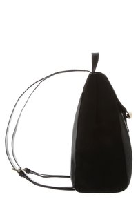 Svart ryggsäck med en slät yta, triangelform, justerbara remmar och ett handtag på toppen. Detaljer i gyllene tonalitet på sidan.