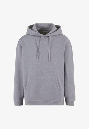 Grå huvtröja med en känguruficka, dragsko på huvan, långa ärmar och ribbade muddars kanter. Tillverkad av ett mjukt, texturerat tyg.