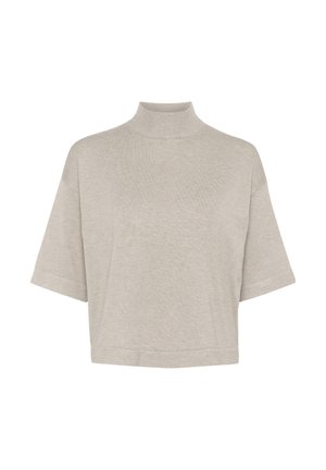 Light grey, short-sleeve turtleneck sweater made of soft fabric. Features a relaxed fit and minimalist design with a smooth texture.