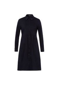 Button-up shirt dress in solid navy, made from a smooth fabric. Features long sleeves, a pointed collar, and a fitted waist with a flared skirt.