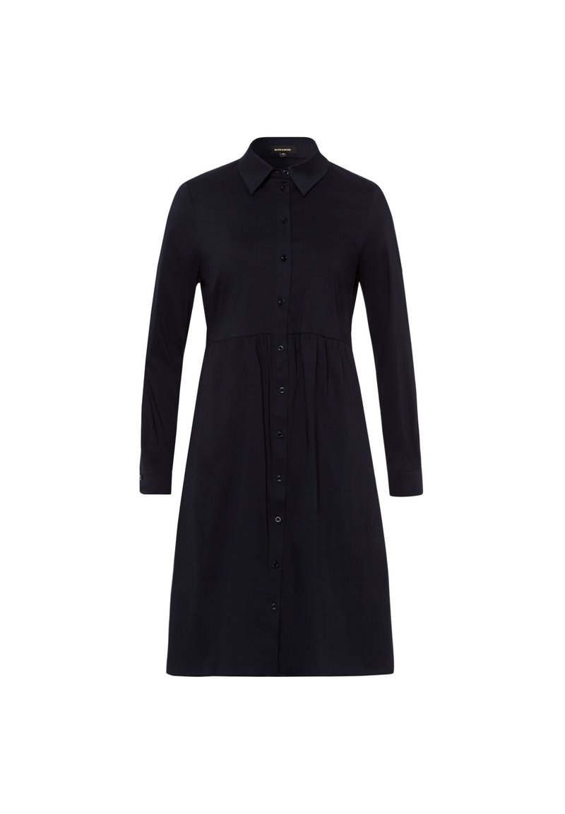 Button-up shirt dress in solid navy, made from a smooth fabric. Features long sleeves, a pointed collar, and a fitted waist with a flared skirt.