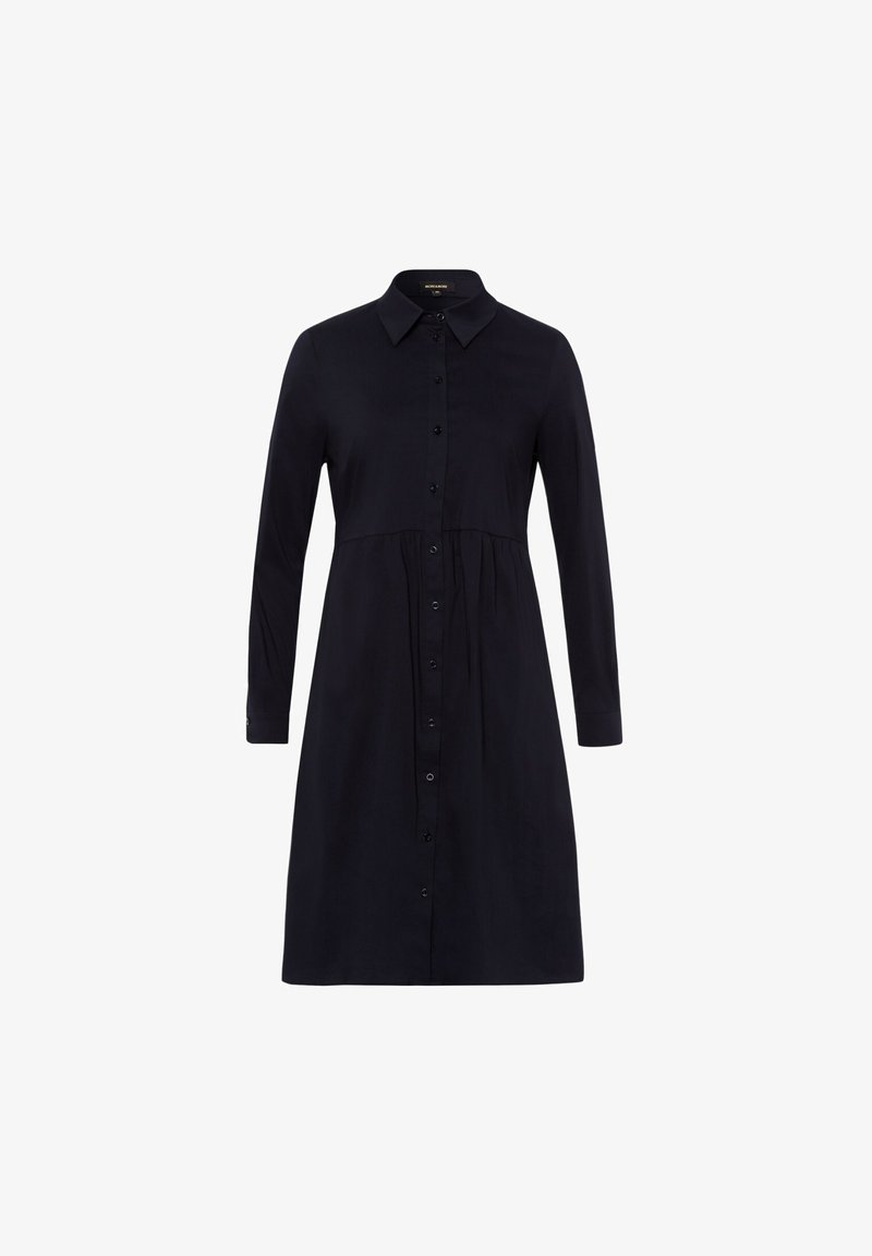 Button-up shirt dress in solid navy, made from a smooth fabric. Features long sleeves, a pointed collar, and a fitted waist with a flared skirt.