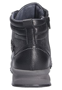Bottine en cuir noir avec fermeture éclair, finition texturée, col rembourré et semelle en caoutchouc avec motif de traction.