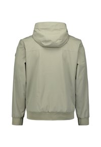 Lichtgrijze, hooded jacks met een gladde, mogelijk waterdichte textuur. Bevat elastische manchetten en een tailleband voor een getailleerde look.