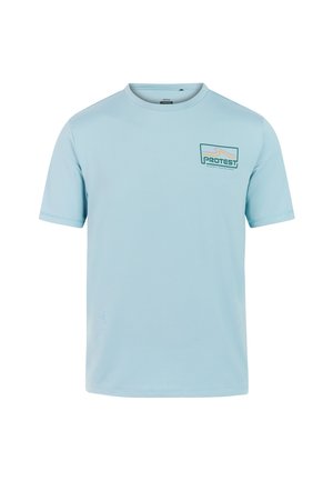 Lyseblå t-shirt med korte ærmer lavet af blødt, glat stof. Har en lille, multifarvet logo på venstre brystområde. Rund halsudskæring.