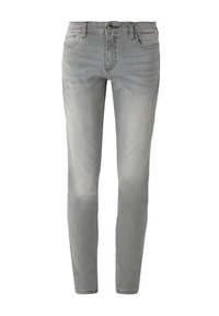 Jean slim gris en denim avec fermeture avant à bouton et zip, design à cinq poches et détails délavés subtils sur les cuisses et les genoux.