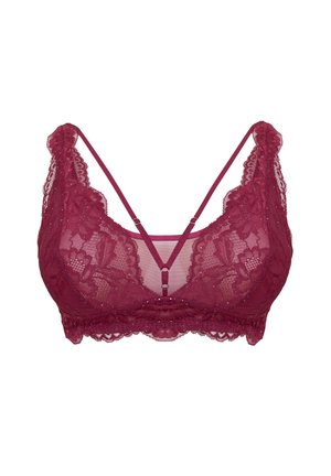 Dunkelroter Spitzen-Bralette mit floralen Mustern, verstellbaren dünnen Trägern und einem zentralen dekorativen Riemen, der die Cups verbindet.