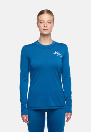 Langarm-Oberteil mit Rundhalsausschnitt in einem lebhaften Blau, aus weichem, dehnbarem Material. Mit einem Bergmotiv und Kontrastnähten.