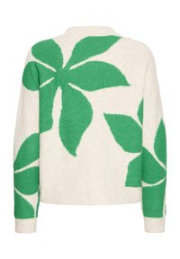 Weißer Pullover mit großen grünen Blattmustern, mit Rundhalsausschnitt und gerippten Bündchen. Hergestellt aus weichem, strukturiertem Stoff.