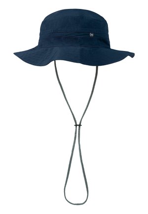Navy blue bucket hat with wide brim and adjustable chin strap featuring a small "Buff" logo on the side.