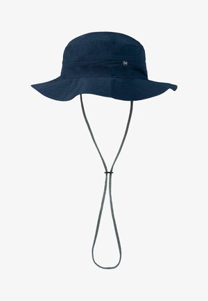 Navy blue bucket hat with wide brim and adjustable chin strap featuring a small "Buff" logo on the side.