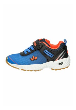 Children's athletic sneaker with blue fabric, black and orange details, blue laces, white sole, and hook-and-loop strap closure.