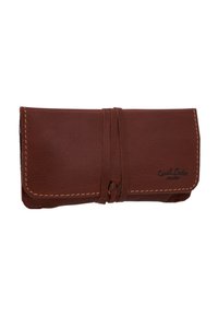 Brown leather wallet with stitched accents, fold-over design, and a tied closure. Features a subtle logo embossed on the front.