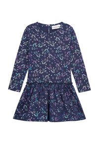 Dunkelblaues Kleid mit langen Ärmeln, ausgestattet mit mehrfarbigen Einhorn- und Sterne-Mustern, mit Rüsche am Saum, aus weichem Stoff gefertigt, normale Passform.