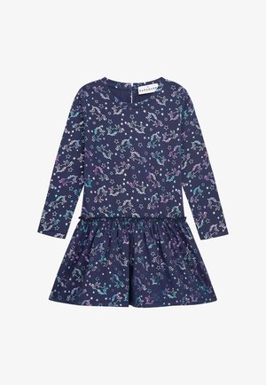 Dunkelblaues Kleid mit langen Ärmeln, ausgestattet mit mehrfarbigen Einhorn- und Sterne-Mustern, mit Rüsche am Saum, aus weichem Stoff gefertigt, normale Passform.