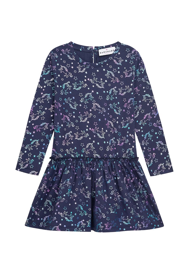 Dunkelblaues Kleid mit langen Ärmeln, ausgestattet mit mehrfarbigen Einhorn- und Sterne-Mustern, mit Rüsche am Saum, aus weichem Stoff gefertigt, normale Passform.