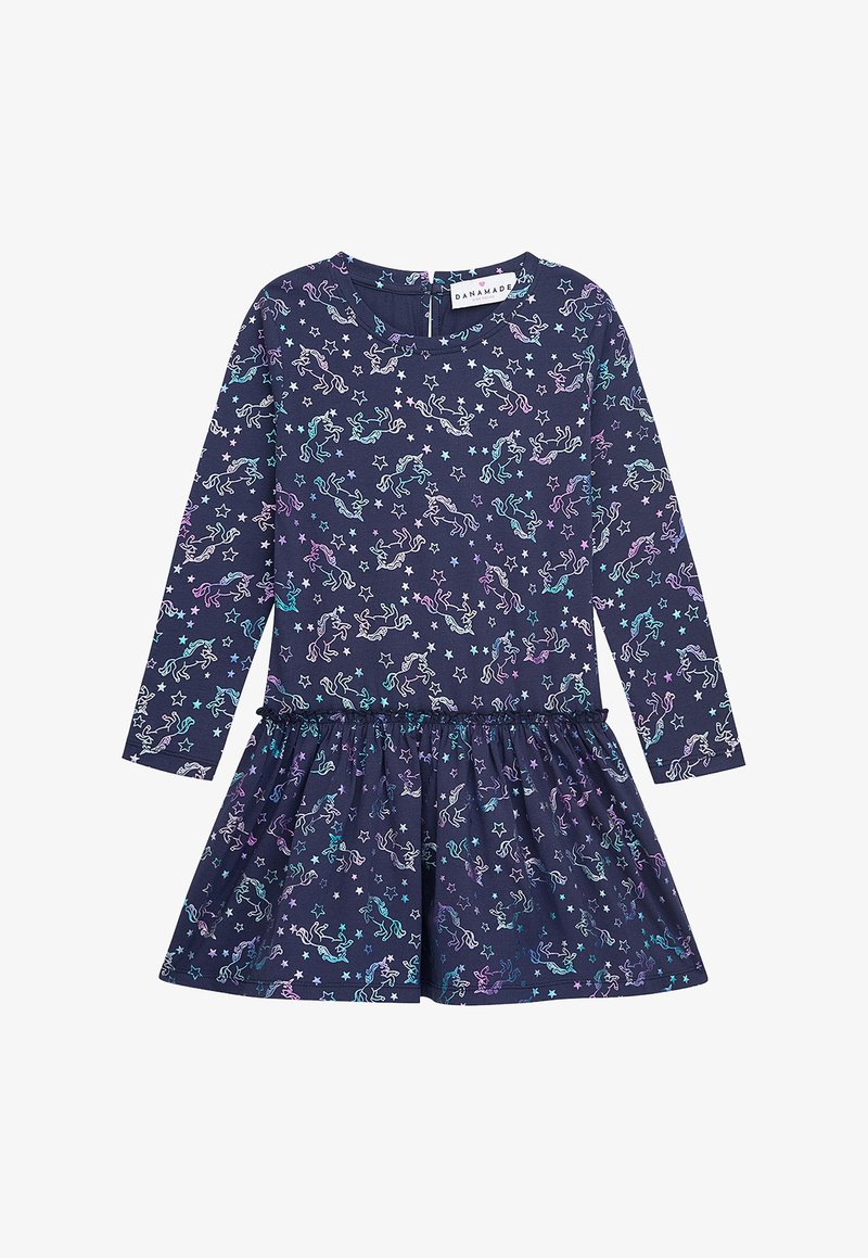 Dunkelblaues Kleid mit langen Ärmeln, ausgestattet mit mehrfarbigen Einhorn- und Sterne-Mustern, mit Rüsche am Saum, aus weichem Stoff gefertigt, normale Passform.