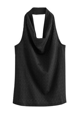 Top senza maniche nero con scollatura arricciata, realizzato in tessuto testurizzato con onde visibili, caratterizzato da una vestibilità morbida e un design con schiena scoperta.