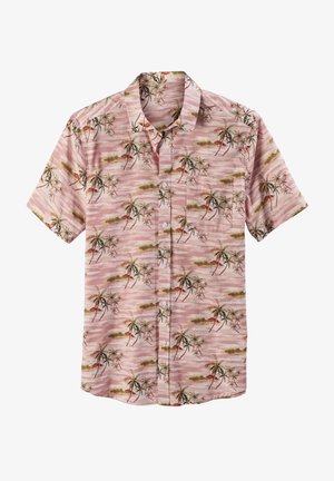 Kurzärmeliges, knöpfbares Hemd in Rosa mit einem grafischen Muster von Palmen und Sonnenuntergang. Hergestellt aus leichtem Stoff und ausgestattet mit einer Brusttasche.