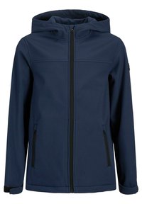 Navy blue softshell jacket with a hood, front zipper, and two side pockets. Features smooth material and elastic cuffs for a snug fit.