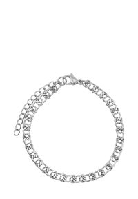 Bracciale in argento con maglie tonde, dotato di chiusura a gancio e di una catena di estensione per una lunghezza regolabile. Texture metallica liscia.