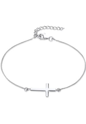 Bracelet chaîne en argent avec pendentif croix orienté horizontalement et fermeture à fermoir réglable.