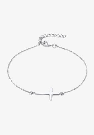 Bracelet chaîne en argent avec pendentif croix orienté horizontalement et fermeture à fermoir réglable.