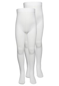To par hvite strømpebukser laget av et elastisk stoff, med en glatt tekstur, elastisk midjebånd og sømløst design.