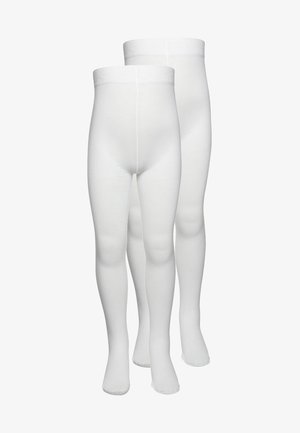 Deux paires de collants blancs, fabriqués à partir d'un tissu extensible, avec une texture lisse, une taille élastique et un design sans coutures.