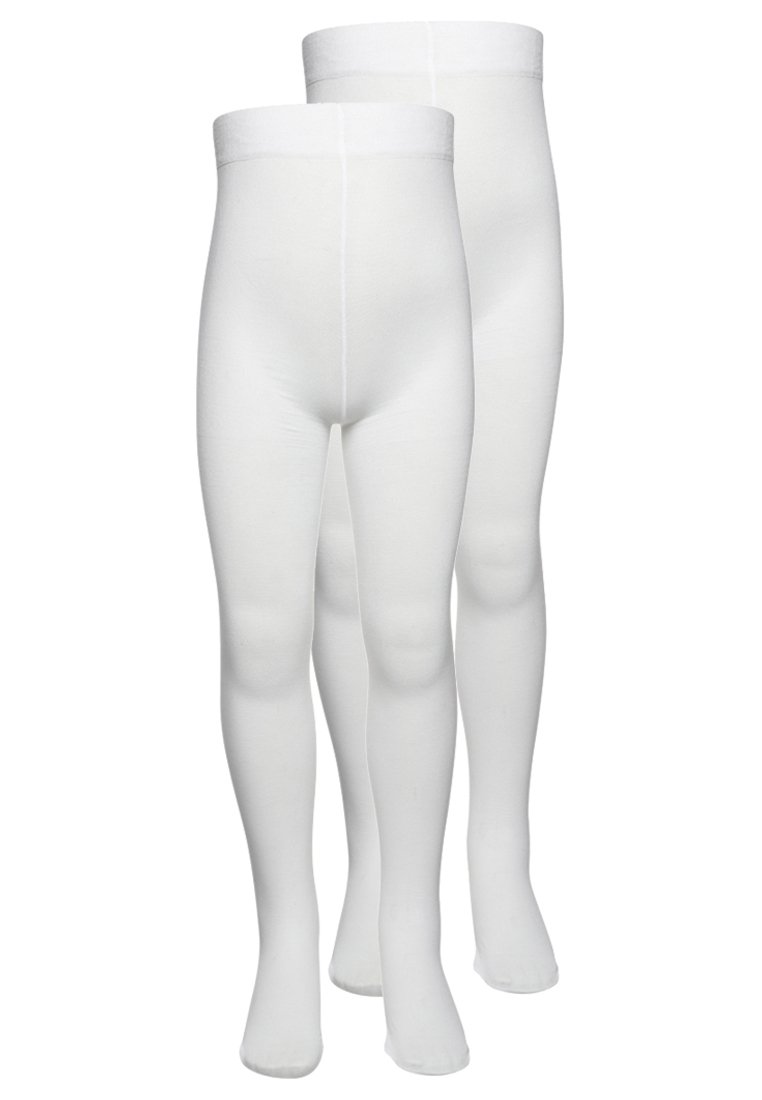 To par hvite strømpebukser laget av et elastisk stoff, med en glatt tekstur, elastisk midjebånd og sømløst design.