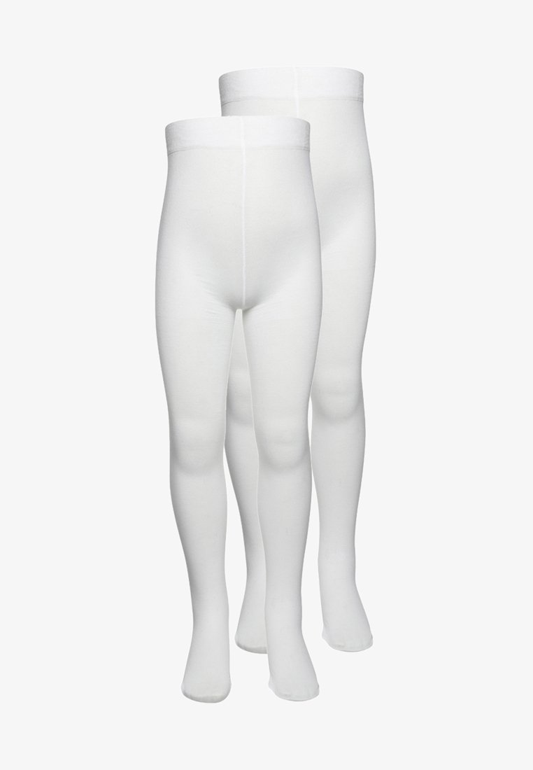 Zwei Paar weiße Strumpfhosen aus einem dehnbaren Stoff, mit einer glatten Textur, einem elastischen Bund und nahtlosem Design.